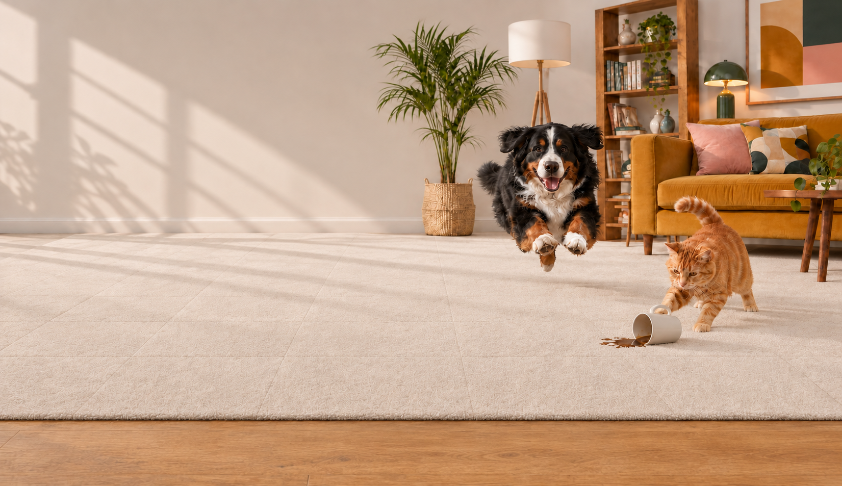 Pets playing on carpet tiles