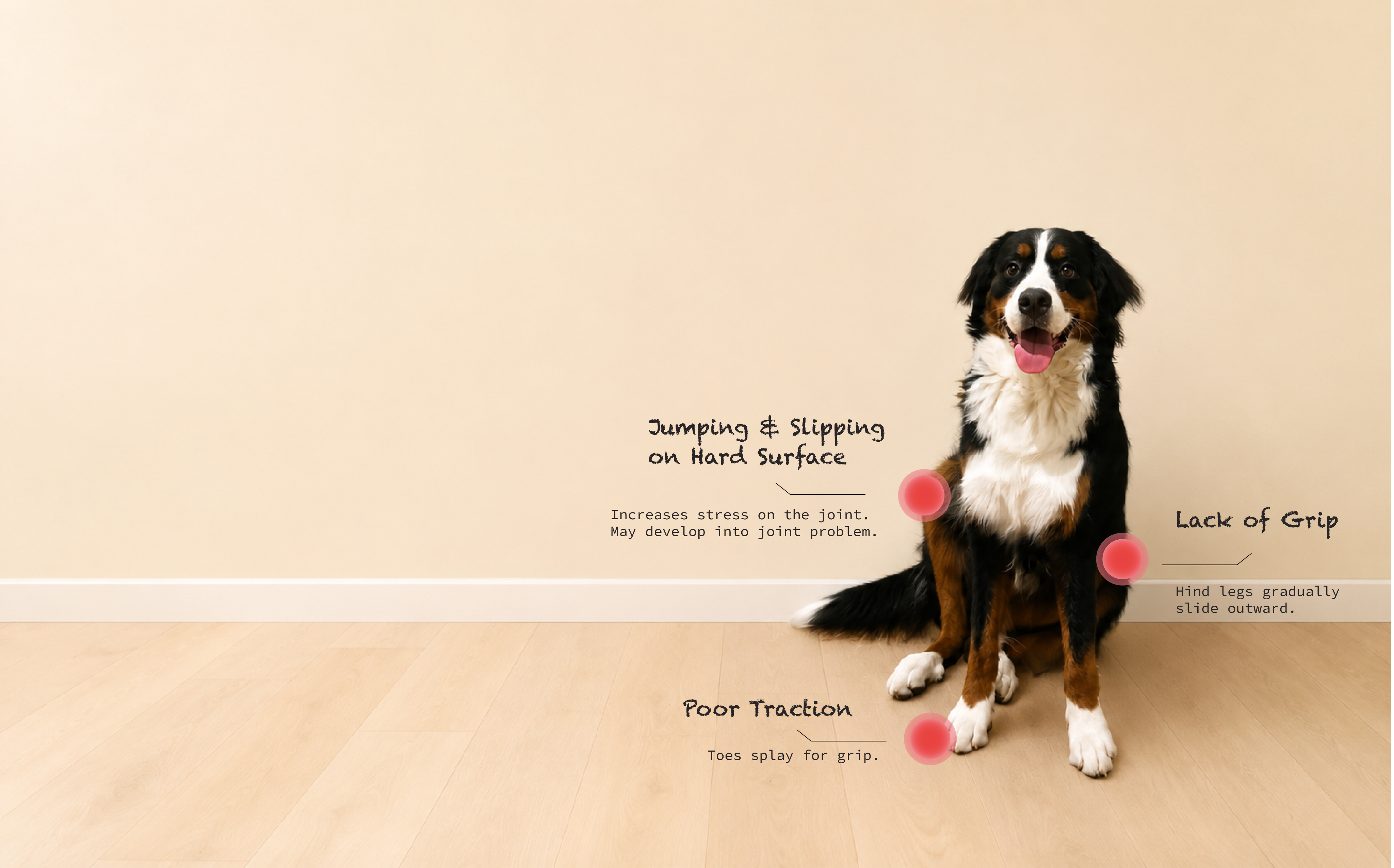 Dog with joint annotations showing slipping and poor traction.